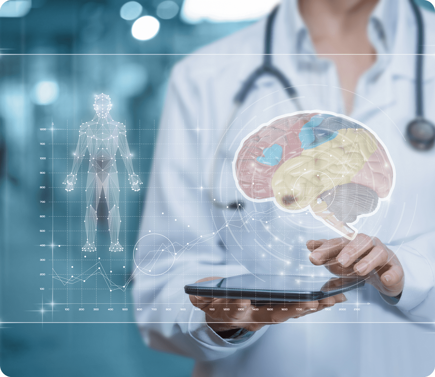 Doctor examining digital brain hologram